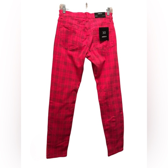 NWT Mens Skinny Slim Fit Comfy Denim Stretch Pants Pink/Black Plaid Size 30 - Picture 7 of 8